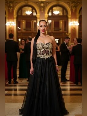 Blondie Nites Strapless Corset Black Gown with Gold Lace Bodice